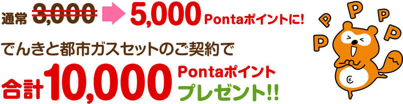 通常3,000→5,000Pontaポイントに! でんきと都市ガスセットのご契約で合計10,000Pontaポイントプレゼント!!